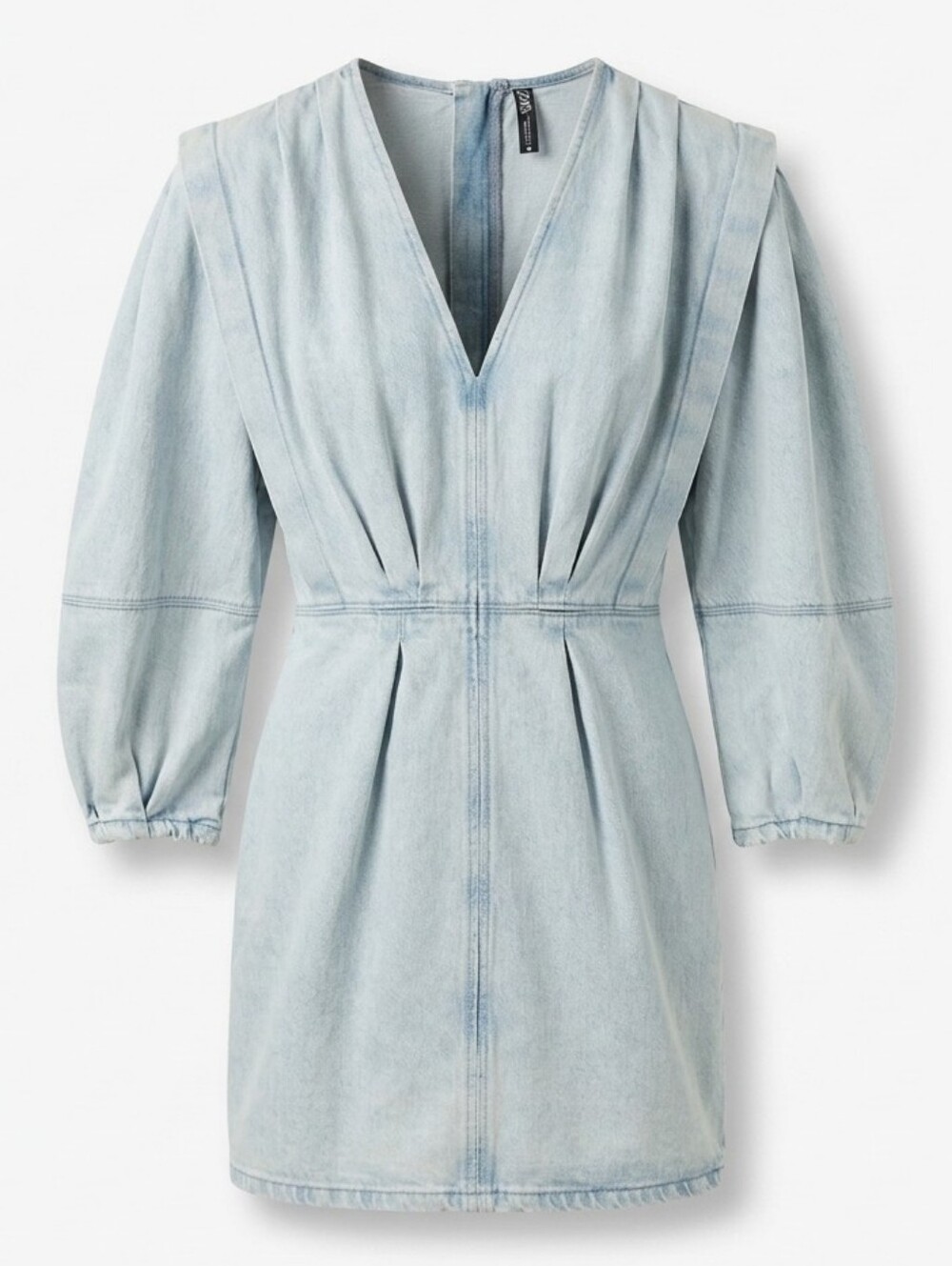 Zara Pleated Denim Mini Dress Puff balloon Sleeves Light Wash Sz.XS